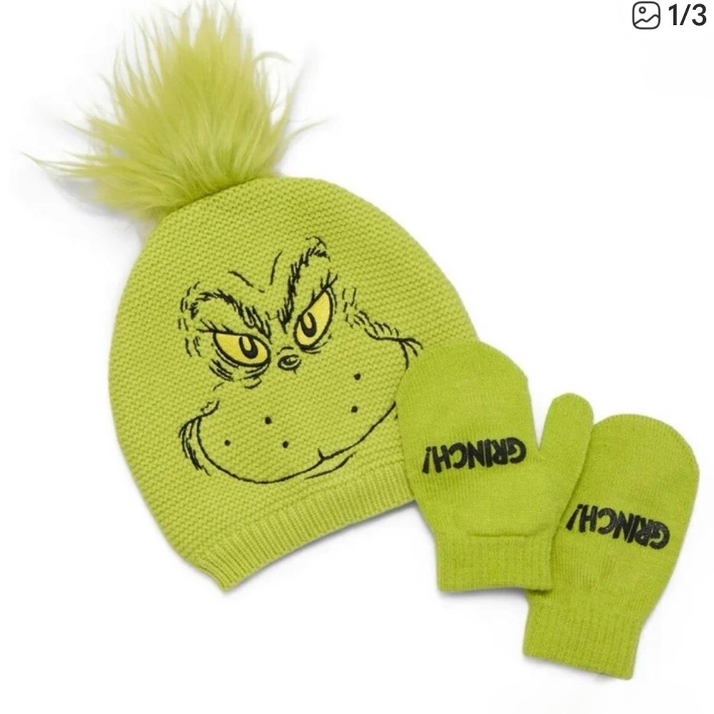 NWT Grinch Toddler Kids Beanie and Mittens Set - Green